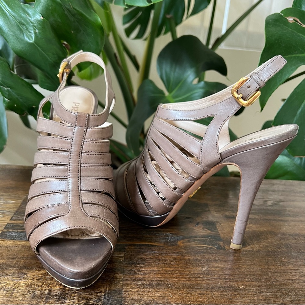 Prada Taupe Leather Strappy Sling back Heels EU38 US8 $620